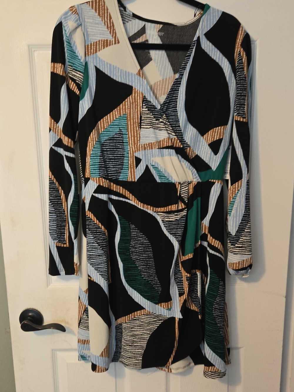 Nine West Black Geometric Long-Sleeve Wrap Dress with Green Accents